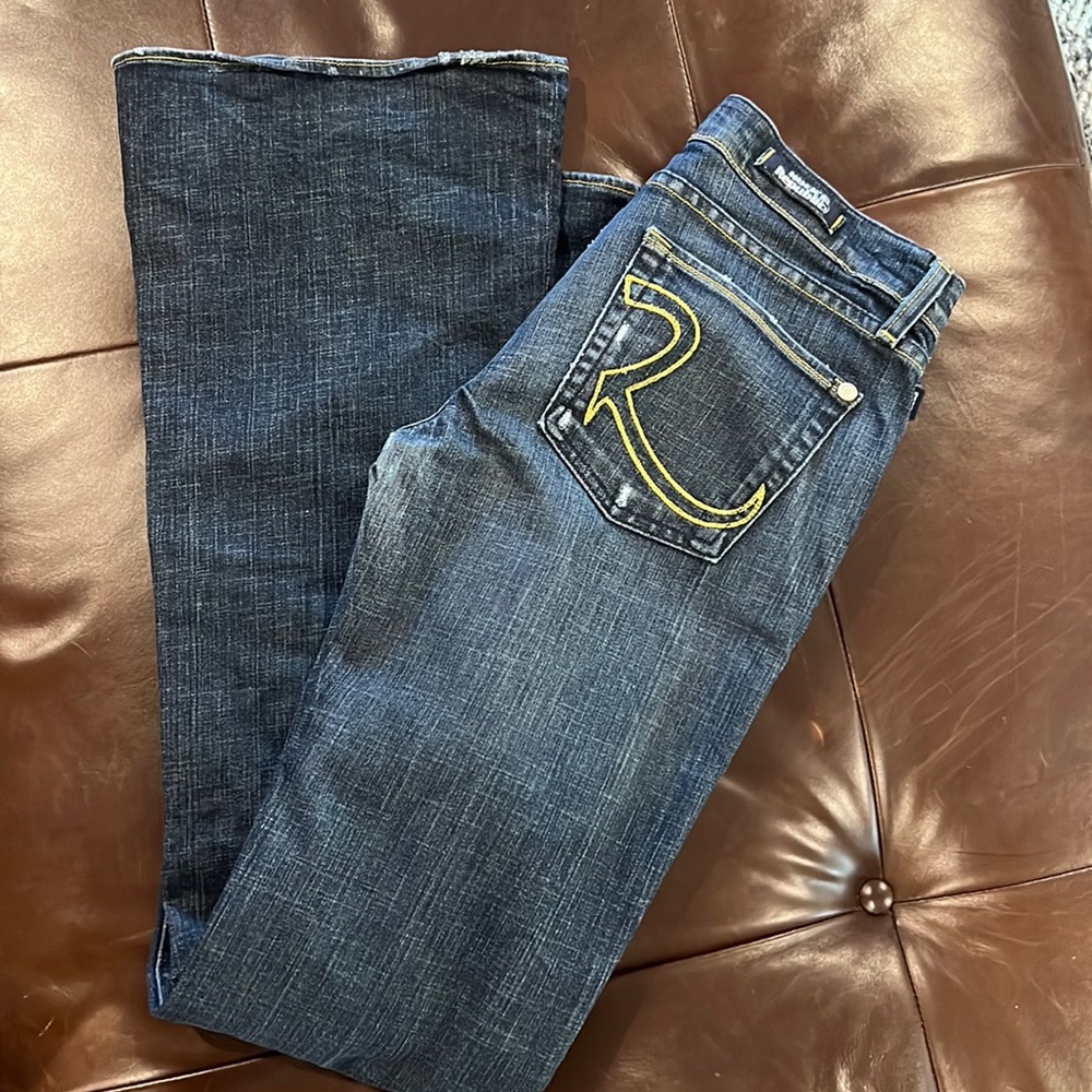 Rock & Republic Dark Blue Flare Jeans with Yellow Stitching